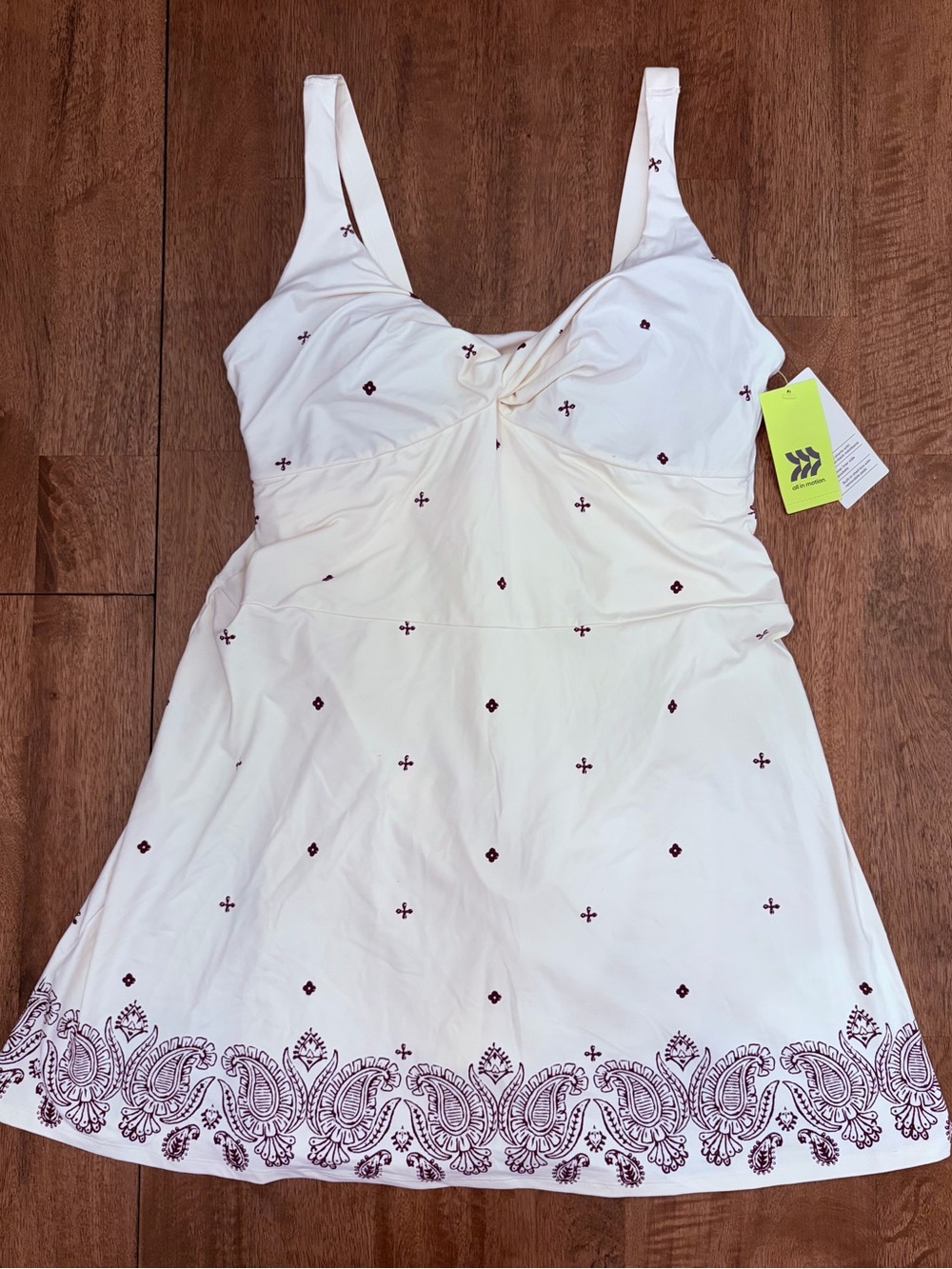 NEW! all in motion Cream Mini Dress with Burgundy Paisley Hem